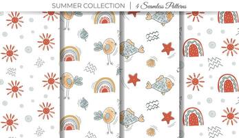 Cute simple nursery patterns. Set of summer doodle backgrounds with rainbow, sun, bird and fish. vector