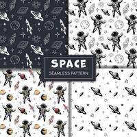 Set of monochrome space patterns. Seamless pattern with planets astronaut and stars. Space backgrounds. vector
