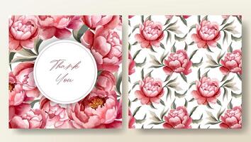 Set of greeting card and seamless pattern with watercolor peonies, wedding invitation. Peony frame vector