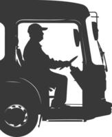 Silhouette bus driver in action full body black color only vector