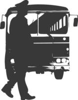 Silhouette bus driver in action full body black color only vector