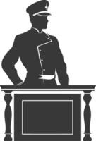 Silhouette bellboy hotel in action sit in front desk black color only vector