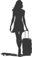 silhouette girl traveling with suitcase silhouette full body black color only vector