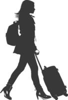 silhouette girl traveling with suitcase silhouette full body black color only vector