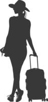 silhouette girl traveling with suitcase silhouette full body black color only vector