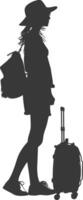 silhouette girl traveling with suitcase silhouette full body black color only vector