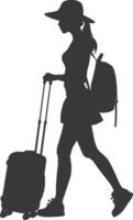 silhouette girl traveling with suitcase silhouette full body black color only vector