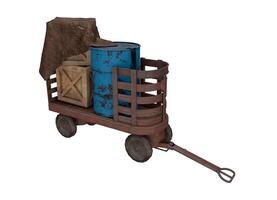 3d render of old trailer with oil barrel and wooden box photo