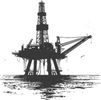 silueta petróleo plataforma o petróleo derrick en el mar negro color solamente vector