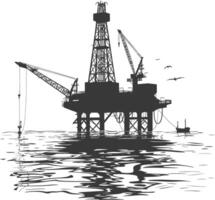 silueta petróleo plataforma o petróleo derrick en el mar negro color solamente vector