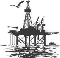 silhouette oil platform or oil derrick in the sea black color only vector