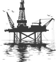 silueta petróleo plataforma o petróleo derrick en el mar negro color solamente vector