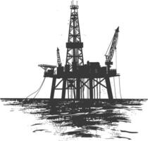 silueta petróleo plataforma o petróleo derrick en el mar negro color solamente vector