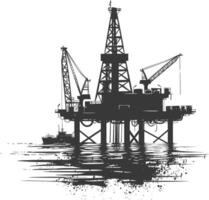 silueta petróleo plataforma o petróleo derrick en el mar negro color solamente vector