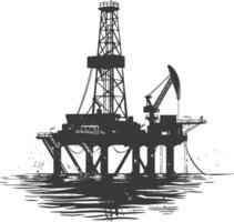 silueta petróleo plataforma o petróleo derrick en el mar negro color solamente vector