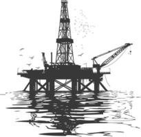 silueta petróleo plataforma o petróleo derrick en el mar negro color solamente vector