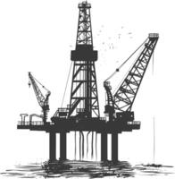 silueta petróleo plataforma o petróleo derrick en el mar negro color solamente vector