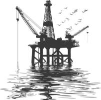 silueta petróleo plataforma o petróleo derrick en el mar negro color solamente vector