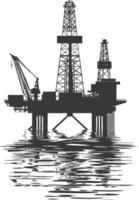 silhouette oil platform or oil derrick in the sea black color only vector