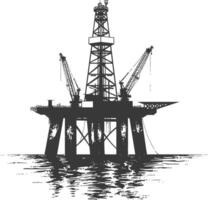 silueta petróleo plataforma o petróleo derrick en el mar negro color solamente vector