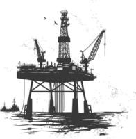 silhouette oil platform or oil derrick in the sea black color only vector