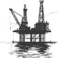 silueta petróleo plataforma o petróleo derrick en el mar negro color solamente vector