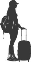silueta mujer de viaje con maleta negro color solamente vector