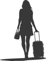 silhouette woman traveling with suitcase black color only vector