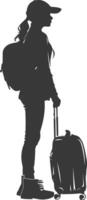 silhouette woman traveling with suitcase black color only vector