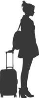 silhouette woman traveling with suitcase black color only vector