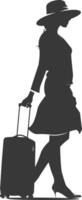 silhouette woman traveling with suitcase black color only vector