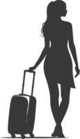 silhouette woman traveling with suitcase black color only vector