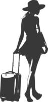 silueta mujer de viaje con maleta negro color solamente vector