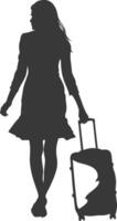 silhouette woman traveling with suitcase black color only vector