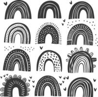 silhouette various rainbows doodle set hand drawn black color only vector