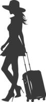 silhouette woman traveling with suitcase black color only vector