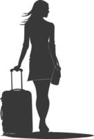silhouette woman traveling with suitcase black color only vector