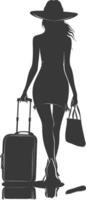 silhouette woman traveling with suitcase black color only vector