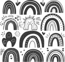 silhouette various rainbows doodle set hand drawn black color only vector