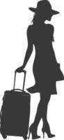 silhouette woman traveling with suitcase black color only vector