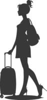 silhouette woman traveling with suitcase black color only vector