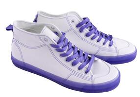White sneakers with lilac laces. Sports casual shoes isolated on white background. photo
