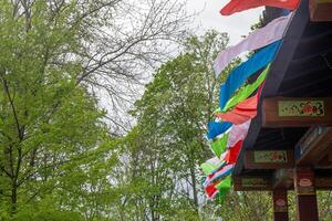 Tibetan colorful flags with prayers. Buddhism. Tibet Prayer Flag. photo