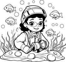 Cute little boy in the sea. illustration for coloring book vector