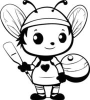 Cartoon bee holding a baseball bat. Black and white illustration. vector