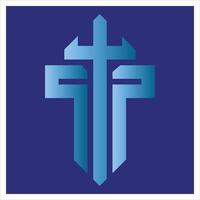 T letter logo, PTP logo, pt tp logo, sword logo with a question mark, Sword logo, cross icon, Chromis Damsel Blue cross on a dark blue background vector