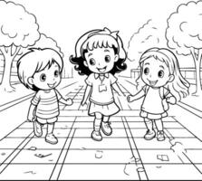 colorante libro para niños muchachas caminando en el parque. ilustración. vector