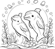 Coloring book for children Mother and baby dolphin in the water vector