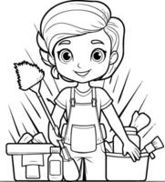 Coloring page of a little girl cleaning the house. illustration vector