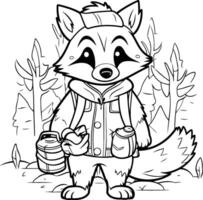 Coloring book for children fox with a watering can in the forest vector